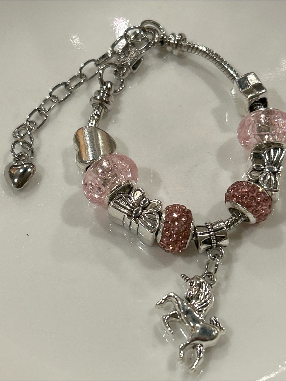 Silver Charm Bracelet with Pink crystal Beads and Unicorn Pegasus Charm 5-7.5
